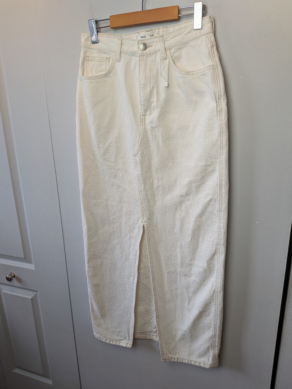 MANGO Long Maxi Women Skirt Cream Color Size Small 100% Cotton Front Slit